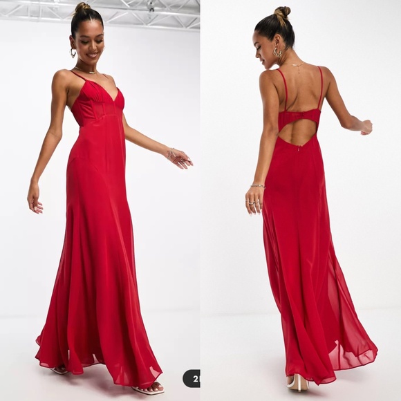 NEW ASOS DESIGN Red RUCHED BUST Chiffon Paneled CORSET Maxi DRESS US 6 - Picture 1 of 15